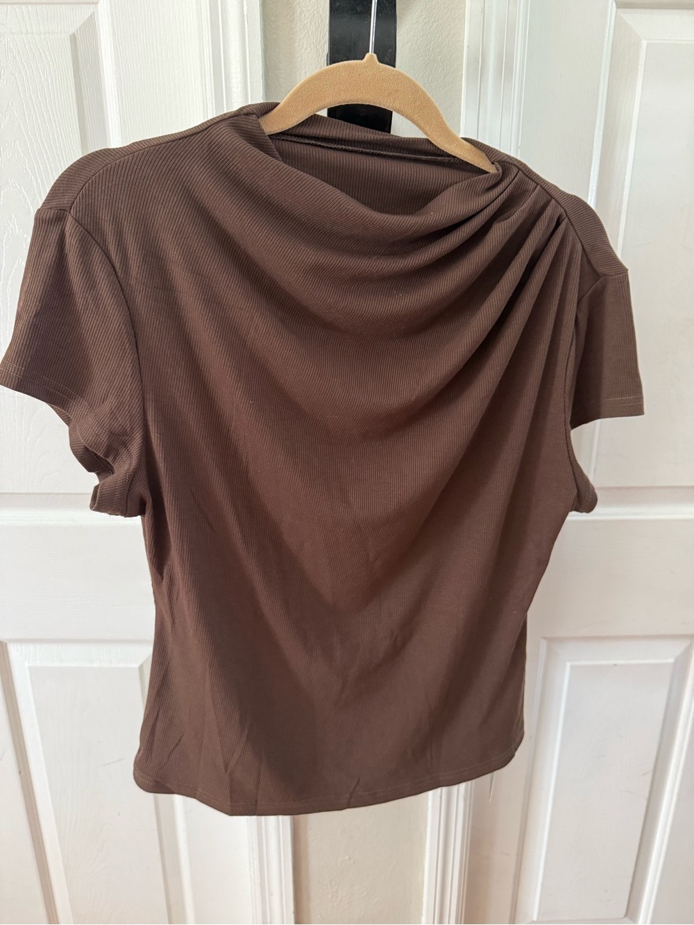 Remidoo  Chocolate Brown Draped Short-Sleeve Tee. High neck.